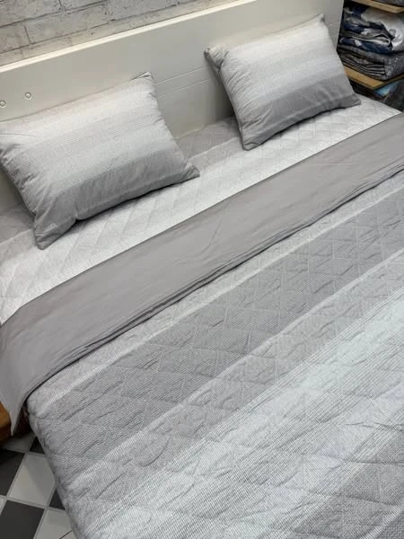 Bộ chăn ga gối kẻ ghi nâu cotton Hàn Quốc