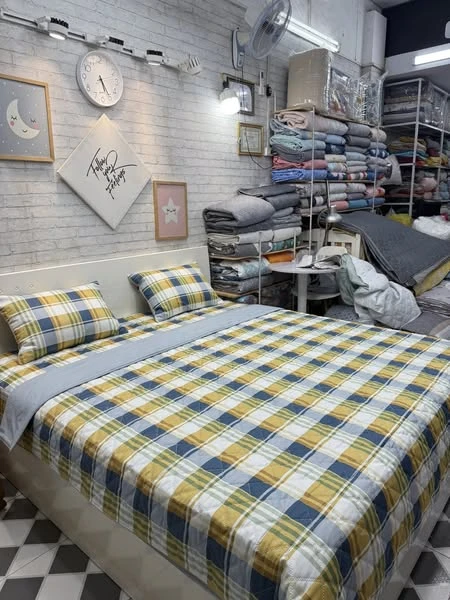 Bộ chăn ga gối kẻ caro sọc vàng cotton Hàn Quốc