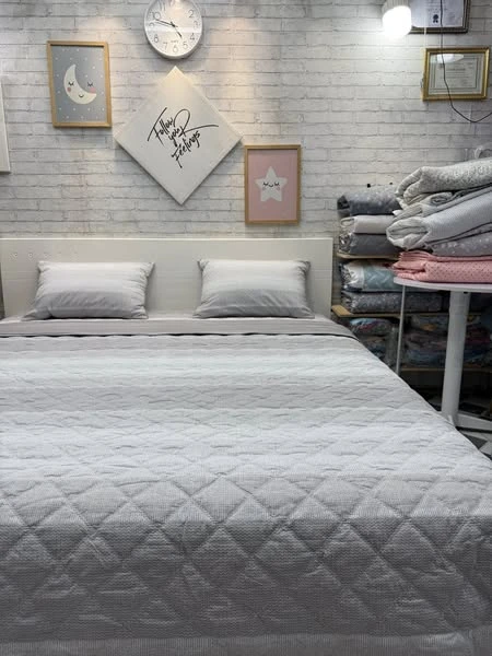 Bộ chăn ga gối kẻ ghi nâu cotton Hàn Quốc