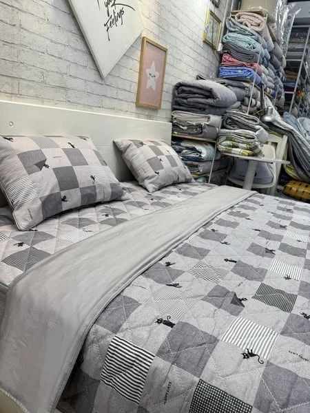 Bộ chăn ga gối ca rô nâu xám cotton Hàn Quốc