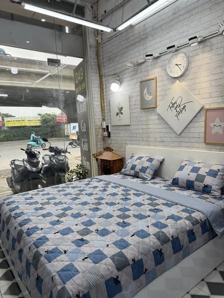 Bộ chăn ga gối  caro xanh họa tiết chú mèo Hàn Quốc