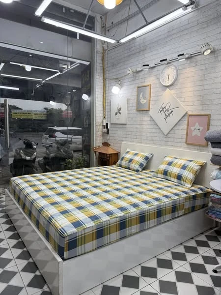 Bộ chăn ga gối kẻ caro sọc vàng cotton Hàn Quốc