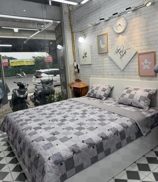 Bộ chăn ga gối ca rô nâu xám cotton Hàn Quốc