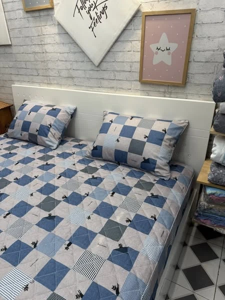 Bộ chăn ga gối  caro xanh họa tiết chú mèo Hàn Quốc