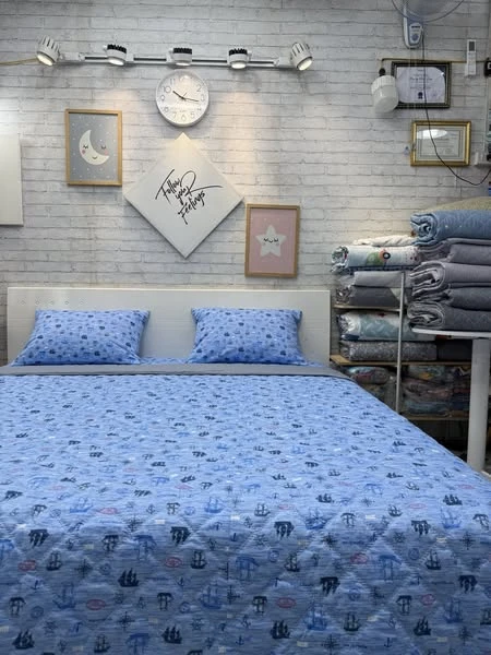 Bộ chăn ga gối tone xanh cotton Hàn Quốc