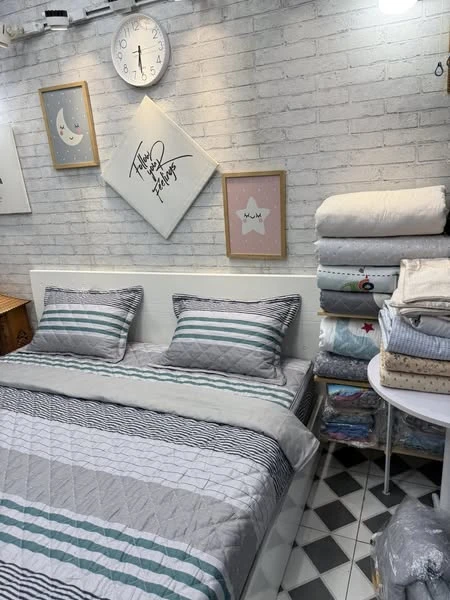 Bộ chăn ga gối cotton Hàn Quốc kẻ ghi