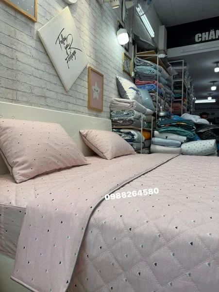 Bộ chăn ga gối Lụa Modal Hàn Quốc Tam giác nhí nền Hồng