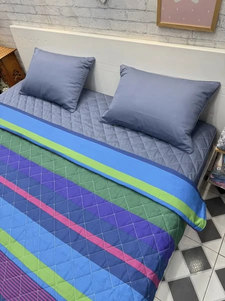 Bộ chăn ga gối Lụa Modal Hàn Quốc chăn kẻ xanh phối ga xanh đá