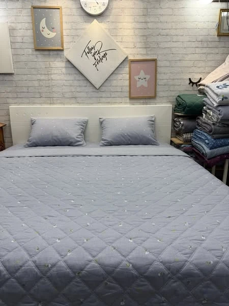 Bộ chăn ga gối cotton Hàn Quốc Hoa nhí nền ghi xjnh
