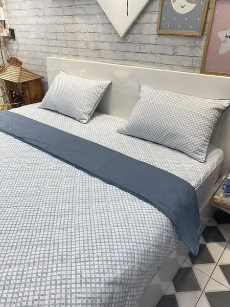Bộ chăn ga gối Lụa Modal Hàn Quốc caro ghi