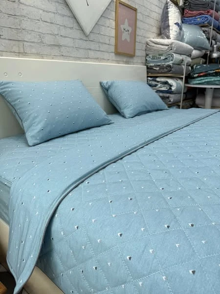 Bộ chăn ga gối Lụa Modal Hàn Quốc Tam giác nhí nền xanh