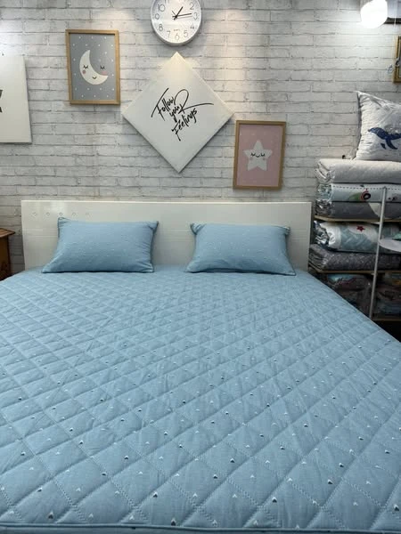 Bộ chăn ga gối Lụa Modal Hàn Quốc Tam giác nhí nền xanh