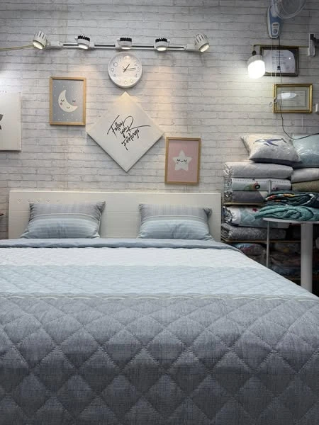 Bộ chăn ga gối Lụa Modal Hàn Quốc kẻ xanh ghi