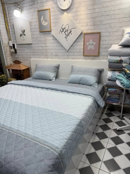 Bộ chăn ga gối Lụa Modal Hàn Quốc kẻ xanh ghi