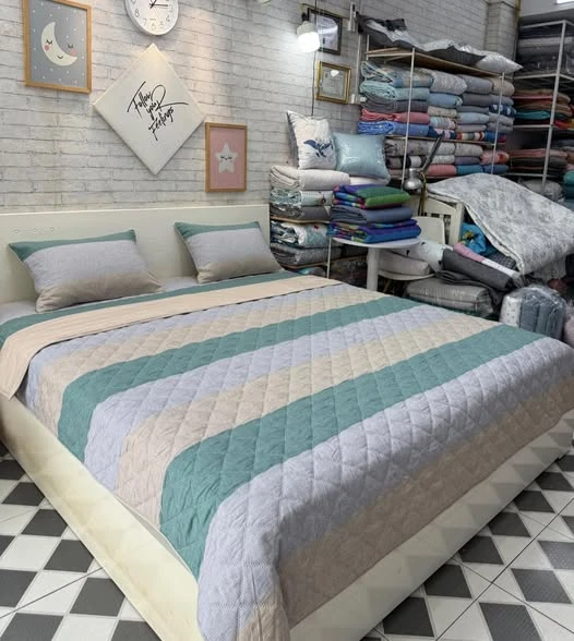 Bộ chăn ga gối Lụa Modal Hàn Quốc kẻ xanh ghi dịu mát