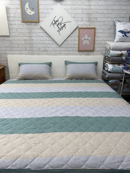 Bộ chăn ga gối Lụa Modal Hàn Quốc kẻ xanh ghi dịu mát