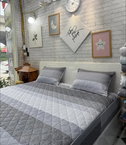 Bộ chăn ga gối Lụa Modal Hàn Quốc kẻ ghi mát dịu