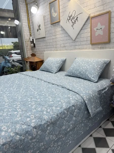 Bộ chăn ga gối Lụa Modal Hàn Quốc Set ga phủ hoa xanh như mẫu xjnh lắm ạ,