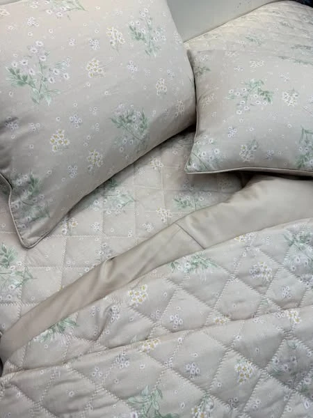 Bộ chăn ga gối Lụa Modal Hàn Quốc hoa xanh nhẹ nền be