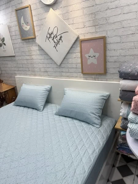 Bộ chăn ga gối cotton Hàn Quốc mẫu chấm bi xanh nhạt