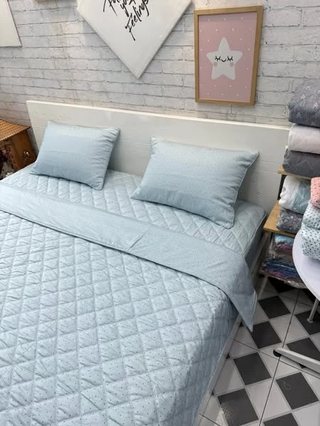Bộ chăn ga gối cotton Hàn Quốc mẫu chấm bi xanh nhạt