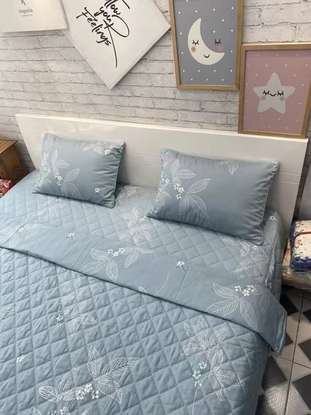 Bộ chăn ga gối phủ cotton Hàn Quốc  hoa xanh xjnh lắm ạ.