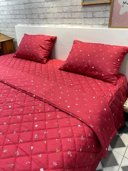 Bộ chăn ga gối phủ cotton Hàn Quốc hoa đỏ may mắn