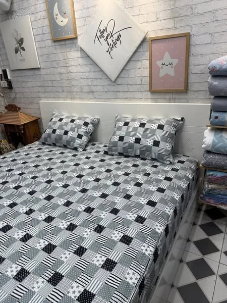 Bộ chăn ga gối cotton Hàn Quốc mẫu ô vuông