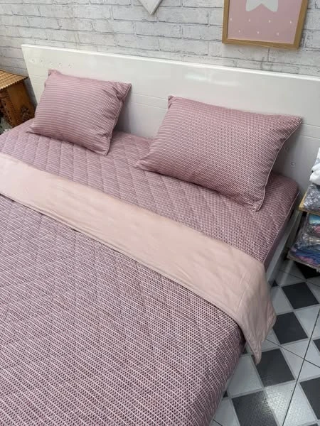 Bộ chăn ga gối cotton Hàn Quốc mẫu kẻ phối hồng