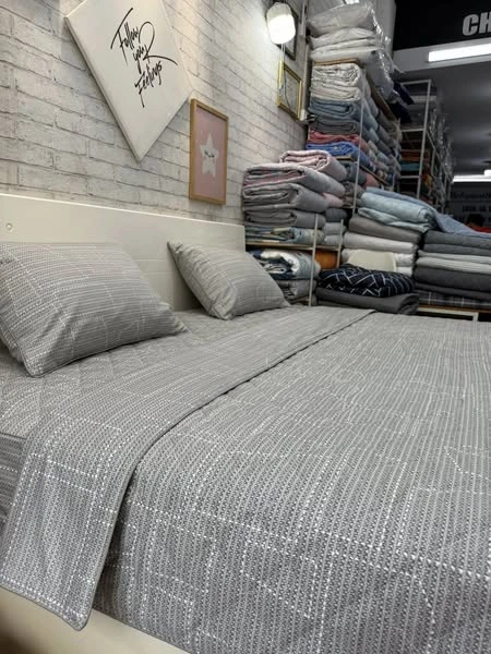Bộ chăn ga gối cotton Hàn Quốc mẫu kẻ hình khối sang lắm.