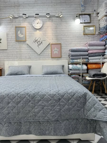 Bộ chăn ga gối phủ Lụa Modal Hàn Quốc xám xanh đá sang đẹp