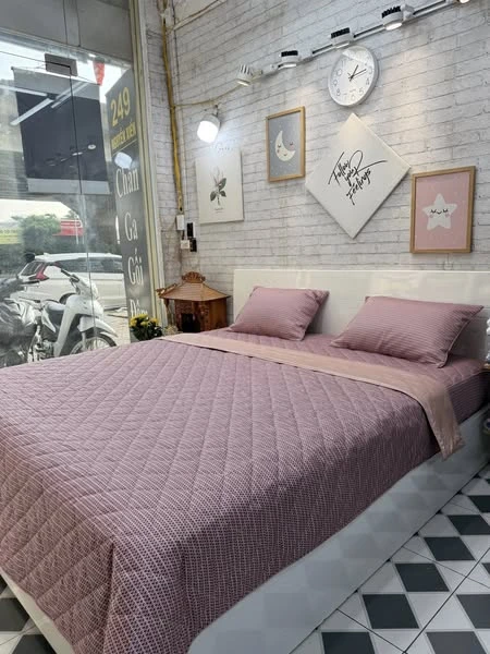 Bộ chăn ga gối cotton Hàn Quốc mẫu kẻ phối hồng