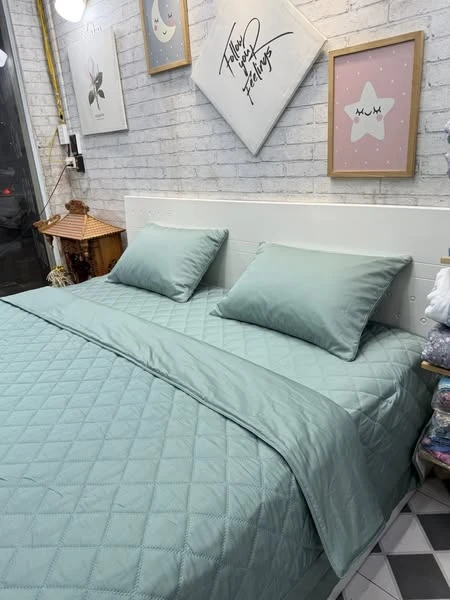 Bộ chăn ga gối phủ Lụa Modal Hàn Quốc màu xanh đẹp lắm ạ.