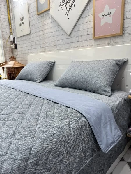 Bộ chăn ga gối phủ Lụa Modal Hàn Quốc xám xanh đá sang đẹp