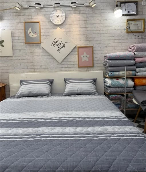 Bộ chăn ga gối Lụa Modal Hàn Quốc kẻ sang xịn mịn