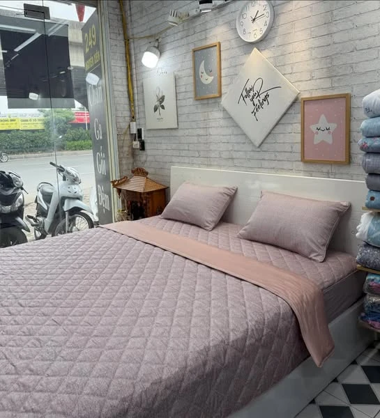 Bộ chăn ga gối cotton Hàn Quốc Vân kết Hồng ghi xjnh lắm