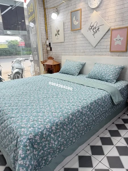 Bộ chăn ga gối cotton Hàn Quốc Hoa xanh xjnh lắm ạ.