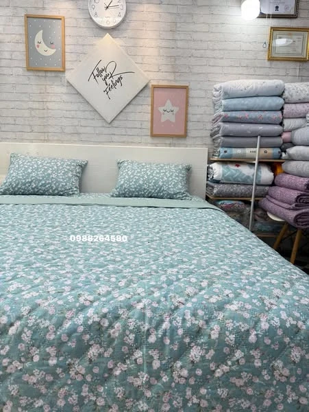 Bộ chăn ga gối cotton Hàn Quốc Hoa xanh xjnh lắm ạ.