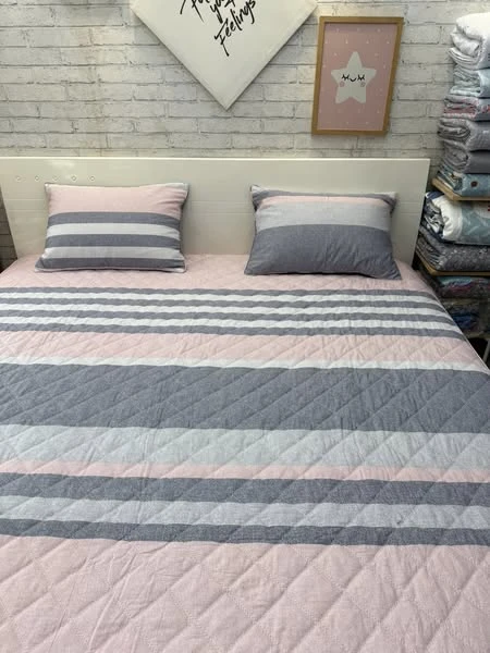 Bộ chăn ga gối cotton Hàn Quốc kẻ ghi hồng siêu hot
