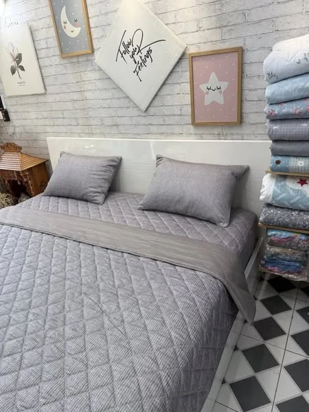 Bộ chăn ga gối cotton Hàn Quốc kẻ xước ghi