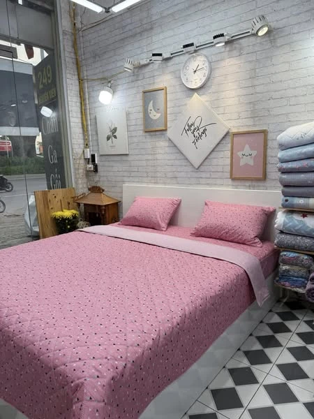 Bộ chăn ga gối cotton Hàn Quốc tim hồng