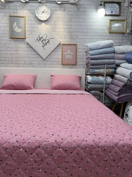 Bộ chăn ga gối cotton Hàn Quốc tim hồng