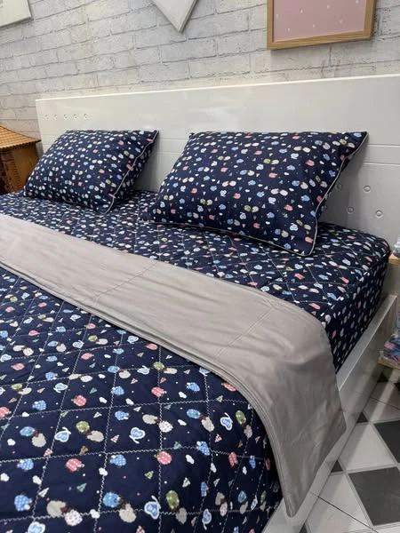 Bộ chăn ga gối cotton Hàn Quốc họa tiết nền tím than