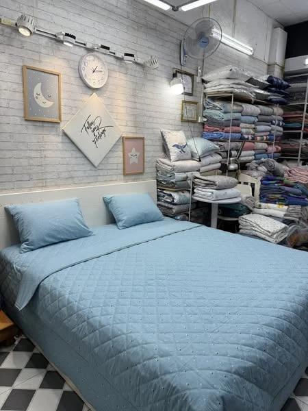 Bộ chăn ga gối phủ Lụa Modal Hàn Quốc họa tiết xanh