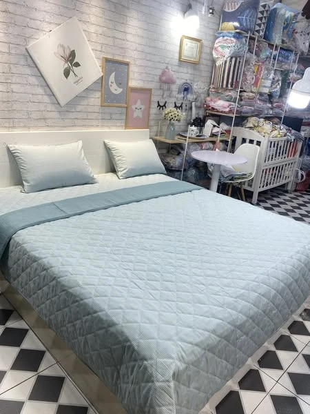 Bộ chăn ga gối Lụa Modal Hàn Quốc kẻ xanh xjnh lắm ạ