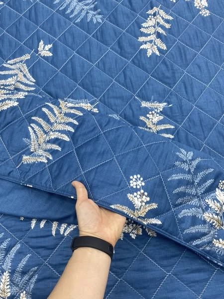 Bộ chăn ga gối cotton Hàn Quốc lá thông nền xanh