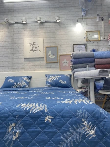 Bộ chăn ga gối cotton Hàn Quốc lá thông nền xanh