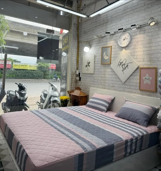 Bộ chăn ga gối cotton Hàn Quốc kẻ ghi hồng siêu hot