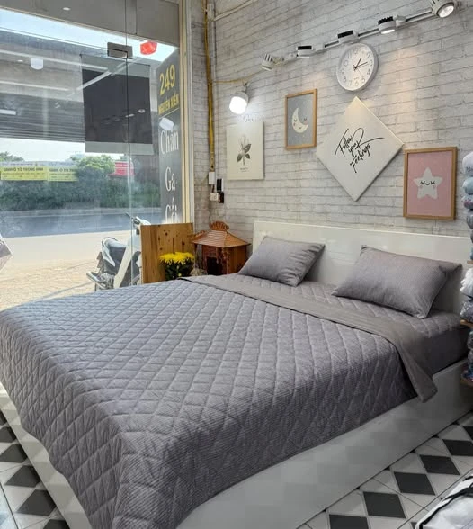 Bộ chăn ga gối cotton Hàn Quốc kẻ xước ghi