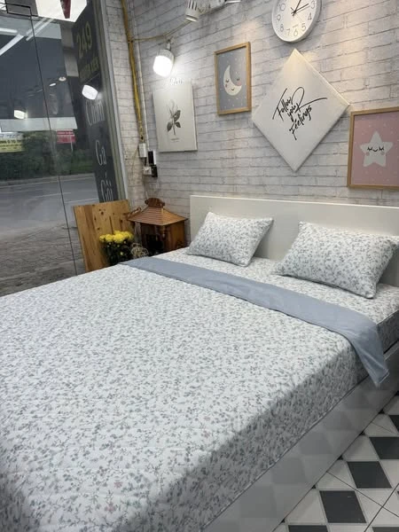 Bộ chăn ga gối Lụa Modal Hàn Quốc hoa nhí phối xanh
